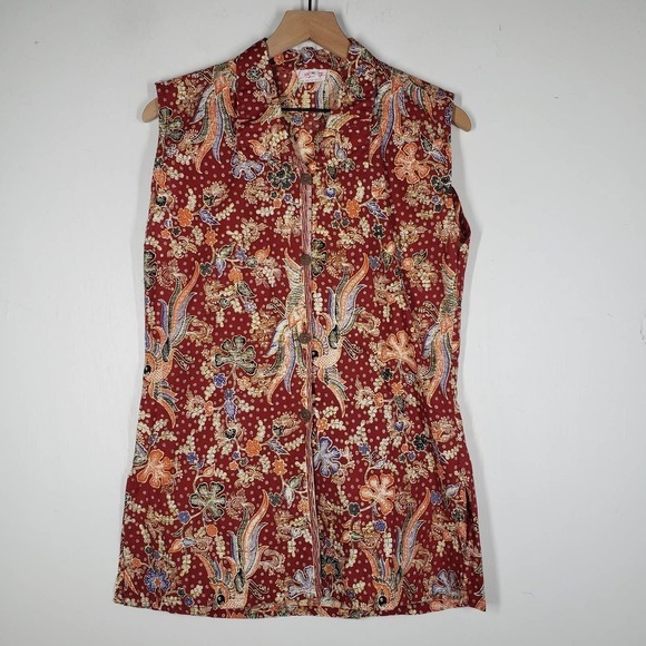 Le Gong Batik Outfit Set XL Rust Oriental Floral Sleeveless Top Shorts - Picture 5 of 16
